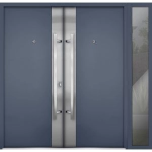 Front Exterior Prehung Steel Double Doors / Deux 0729 Gray Graphite / Sidelight Exterior Window / Stainless Inserts Single Modern Painted-W72+16" x H80"