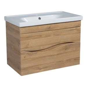 Modern Wall-Mount Bathroom Vanity with Washbasin | Wave Teak Natural Collection | Non-Toxic Fire-Resistant MDF-26"
