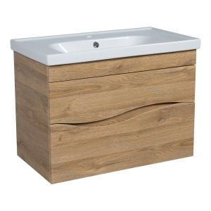 Modern Wall-Mounted Bathroom Vanity with Washbasin | Wave Teak Natural Collection | Non-Toxic Fire-Resistant MDF-32"