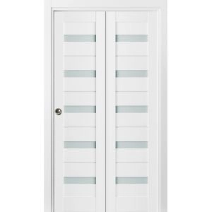 Sliding Closet Bi-fold Doors | Quadro 4445 White Silk with Frosted Glass | Sturdy Tracks Moldings Trims Hardware Set | Wood Solid Bedroom Wardrobe Doors 