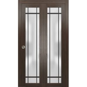 Sliding Closet Bi-fold Doors | Planum 2112 Chocolate Ash with Frosted Glass and Aluminum Strips | Sturdy Tracks Moldings Trims Hardware Set | Wood Solid Bedroom Wardrobe Doors