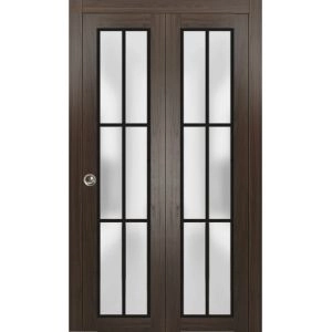 Sliding Closet Bi-fold Doors | Planum 2122 Chocolate Ash with Frosted Glass and Aluminum Strips | Sturdy Tracks Moldings Trims Hardware Set | Wood Solid Bedroom Wardrobe Doors