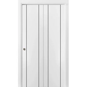 Sliding Closet Bi-fold Doors | Planum 0017 White Silk and Aluminum Strips | Sturdy Tracks Moldings Trims Hardware Set | Wood Solid Bedroom Wardrobe Doors