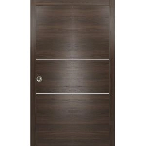 Sliding Closet Bi-fold Doors | Planum 0110 Chocolate Ash and Aluminum Strips | Sturdy Tracks Moldings Trims Hardware Set | Wood Solid Bedroom Wardrobe Doors