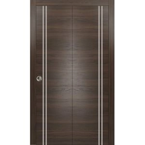Sliding Closet Bi-fold Doors | Planum 0310 Chocolate Ash and Aluminum Strips | Sturdy Tracks Moldings Trims Hardware Set | Wood Solid Bedroom Wardrobe Doors
