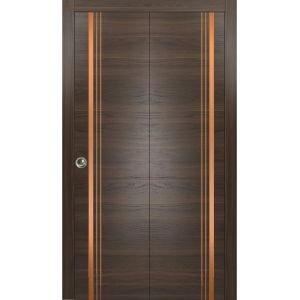 Sliding Closet Bi-fold Doors | Planum 1010 Chocolate Ash and Aluminum Strips | Sturdy Tracks Moldings Trims Hardware Set | Wood Solid Bedroom Wardrobe Doors