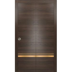 Sliding Closet Bi-fold Doors | Planum 2010 Chocolate Ash and Aluminum Strips | Sturdy Tracks Moldings Trims Hardware Set | Wood Solid Bedroom Wardrobe Doors