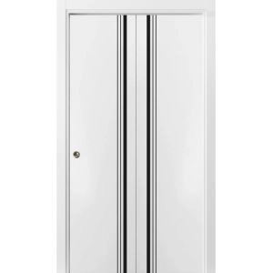 Sliding Closet Bi-fold Doors | Planum 0011 White Silk and Aluminum Strips | Sturdy Tracks Moldings Trims Hardware Set | Wood Solid Bedroom Wardrobe Doors