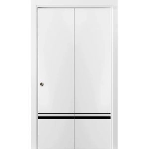 Sliding Closet Bi-fold Doors | Planum 0012 White Silk and Aluminum Strips | Sturdy Tracks Moldings Trims Hardware Set | Wood Solid Bedroom Wardrobe Doors