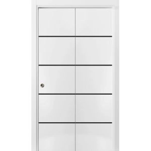 Sliding Closet Bi-fold Doors | Planum 0015 White Silk and Aluminum Strips | Sturdy Tracks Moldings Trims Hardware Set | Wood Solid Bedroom Wardrobe Doors
