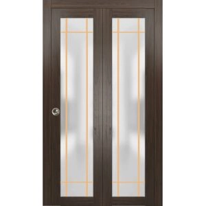 Sliding Closet Bi-fold Doors | Planum 2113 Chocolate Ash with Frosted Glass and Aluminum Strips | Sturdy Tracks Moldings Trims Hardware Set | Wood Solid Bedroom Wardrobe Doors