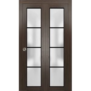 Sliding Closet Bi-fold Doors | Planum 2132 Chocolate Ash with Frosted Glass and Aluminum Strips | Sturdy Tracks Moldings Trims Hardware Set | Wood Solid Bedroom Wardrobe Doors