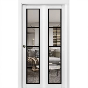 Sliding Closet Bi-fold Doors | Lucia 2466 White Silk with Clear Glass and Aluminum Strips | Sturdy Tracks Moldings Trims Hardware Set | Wood Solid Bedroom Wardrobe Doors