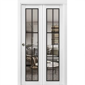 Sliding Closet Bi-fold Doors | Lucia 2366 White Silk with Clear Glass and Aluminum Strips | Sturdy Tracks Moldings Trims Hardware Set | Wood Solid Bedroom Wardrobe Doors