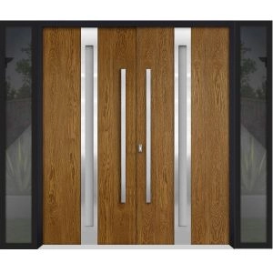 Front Exterior Prehung Steel Double Doors / Deux 1744 Natural Oak / 2 Sidelight Exterior Black Windows / Stainless Inserts Single Modern Painted-W12+72+12" x H80"