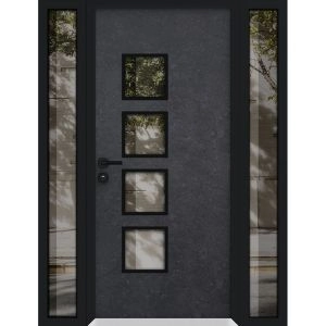 Front Exterior Prehung Aluminum Door / Cynex 6106 Dark Stone / Entry Steel Metal Modern Painted W12+36+12"xH80" Right-hand Inswing