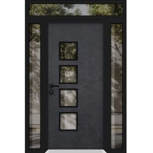 Front Exterior Prehung Aluminum Door / Cynex 6106 Dark Stone / Entry Steel Metal Modern Painted W12+36+12"xH80+12" Right-hand Inswing