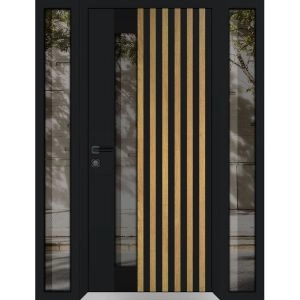 Front Exterior Prehung Aluminum Door / Cynex 6113 Natural Oak / Entry Steel Metal Modern Painted W12+36+12"xH80" Right-hand Inswing