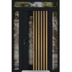 Front Exterior Prehung Aluminum Door / Cynex 6113 Natural Oak / Entry Steel Metal Modern Painted W12+36+12"xH80+12" Right-hand Inswing
