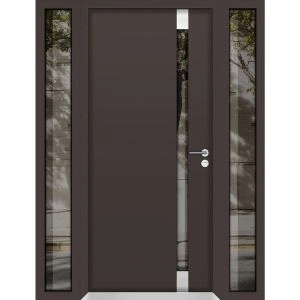 Front Exterior Prehung Aluminum Door / Cynex 6777 Brown / Entry Steel Metal Modern Painted W12+36+12"xH80" Right-hand Inswing