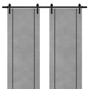 Sliding Double Barn Doors with Hardware | Planum 0017 Concrete and Aluminum Strips | 13FT Rail Hangers Sturdy Set | Modern Solid Panel Interior Hall Bedroom Bathroom Door-36" x 80" (2* 18x80)