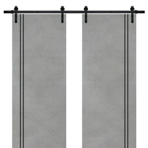 Sliding Double Barn Doors with Hardware | Planum 0016 Concrete and Aluminum Strips | 13FT Rail Hangers Sturdy Set | Modern Solid Panel Interior Hall Bedroom Bathroom Door