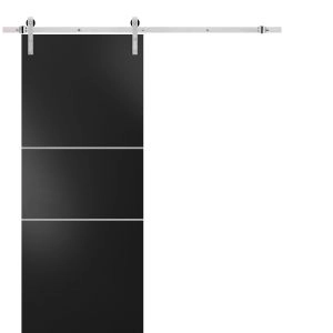 Sturdy Barn Door with Hardware | Planum 0110 Black Matte and Aluminum Strips | 6.6FT Rail Hangers Heavy Set | Modern Solid Panel Interior Doors