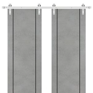 Sliding Double Barn Doors with Hardware | Planum 0017 Concrete and Aluminum Strips | 13FT Rail Hangers Sturdy Set | Modern Solid Panel Interior Hall Bedroom Bathroom Door-36" x 80" (2* 18x80)