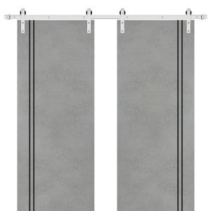 Sliding Double Barn Doors with Hardware | Planum 0016 Concrete and Aluminum Strips | Silver 13FT Rail Hangers Sturdy Set | Modern Solid Panel Interior Hall Bedroom Bathroom Door