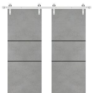 Sliding Double Barn Doors with Hardware | Planum 0014 Concrete and Aluminum Strips | Silver 13FT Rail Hangers Sturdy Set | Modern Solid Panel Interior Hall Bedroom Bathroom Door