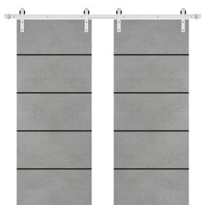 Sliding Double Barn Doors with Hardware | Planum 0015 Concrete and Aluminum Strips | Silver 13FT Rail Hangers Sturdy Set | Modern Solid Panel Interior Hall Bedroom Bathroom Door