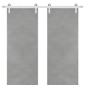 Sturdy Double Barn Door with | Planum 0010 Concrete | Top Mount Silver 13FT Rail Hangers Heavy Set | Solid Panel Interior Doors