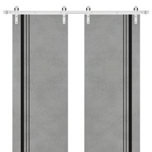 Sliding Double Barn Doors with Hardware | Planum 0011 Concrete and Aluminum Strips | Silver 13FT Rail Hangers Sturdy Set | Modern Solid Panel Interior Hall Bedroom Bathroom Door