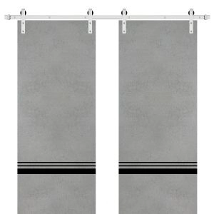 Sliding Double Barn Doors with Hardware | Planum 0012 Concrete and Aluminum Strips | Silver 13FT Rail Hangers Sturdy Set | Modern Solid Panel Interior Hall Bedroom Bathroom Door