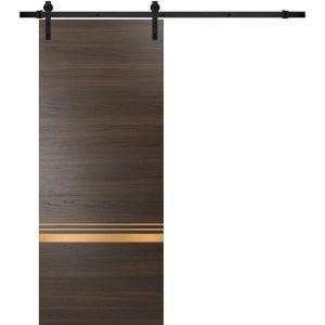 Sturdy Barn Door with Hardware | Planum 2010 Chocolate Ash and Aluminum Strips | 6.6FT Rail Hangers Heavy Set | Modern Solid Panel Interior Doors