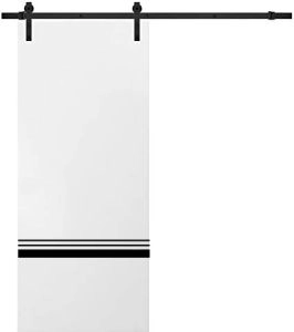Sturdy Barn Door with Hardware | Planum 0012 White Silk and Aluminum Strips | 6.6FT Rail Hangers Heavy Set | Modern Solid Panel Interior Doors