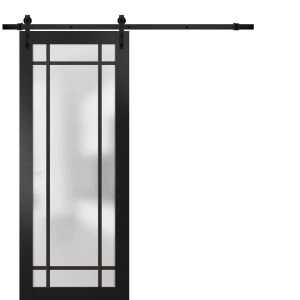 Sturdy Barn Door Frosted Tempered Glass | Planum 2112 Matte Black with Frosted Glass and Aluminum Strips | 6.6FT Black Rail Hangers Heavy Hardware Set | Modern Solid Panel Interior Doors