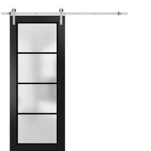 Sturdy Barn Door | Planum 2132 Matte Black with Frosted Glass and Aluminum Strips | 6.6FT Silver Rail Hangers Heavy Hardware Set | Modern Solid Panel Interior Doors