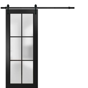 Sturdy Barn Door Frosted Tempered Glass | Planum 2122 Matte Black with Frosted Glass and Aluminum Strips | 6.6FT Black Rail Hangers Heavy Hardware Set | Modern Solid Panel Interior Doors