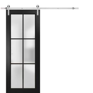 Sturdy Barn Door | Planum 2122 Matte Black with Frosted Glass and Aluminum Strips | 6.6FT Silver Rail Hangers Heavy Hardware Set | Modern Solid Panel Interior Doors