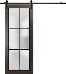 Sturdy Barn Door Frosted Tempered Glass | Planum 2122 Chocolate Ash with Frosted Glass and Aluminum Strips | 6.6FT Black Rail Hangers Heavy Hardware Set | Modern Solid Panel Interior Doors