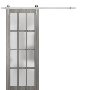 Sturdy Barn Door 12 Lites | Felicia 3312 Ginger Ash with Frosted Glass | 6.6FT Silver Rail Hangers Heavy Hardware Set | Solid Panel Interior Doors