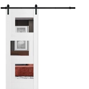 Modern Barn Door Opaque Glass / Sete 6999 White Silk with Mirror / 6.6FT Rail Track Heavy Hardware Set / Solid Panel Interior Doors-18" x 96"