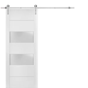Sturdy Barn Door 2 lites with Hardware | Lucia 4010 White Silk with Frosted Glass | 6.6FT Rail Hangers Heavy Set | Solid Panel Interior Doors