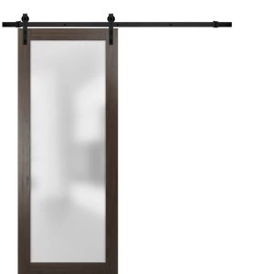 Sturdy Barn Door Frosted Tempered Glass | Planum 2102 Chocolate Ash with Frosted Glass | 6.6FT Black Rail Hangers Heavy Hardware Set | Modern Solid Panel Interior Doors