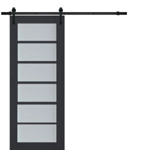 Sturdy Barn Door | Veregio 7602 Antracite with Frosted Glass | 6.6FT Rail Hangers Heavy Hardware Set | Solid Panel Interior Doors