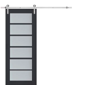 Sturdy Barn Door | Veregio 7602 Antracite with Frosted Glass | 6.6FT Silver Rail Hangers Heavy Hardware Set | Solid Panel Interior Doors