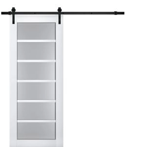 Sturdy Barn Door | Veregio 7602 White Silk with Frosted Glass | 6.6FT Rail Hangers Heavy Hardware Set | Solid Panel Interior Doors