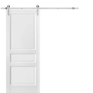Sliding Barn Door with Stainless Steel 6.6ft Hardware | Lucia 31 White Silk | Rail Hangers Sturdy Silver Set | 3 Paneled Shaker Wooden Solid Panel Interior Doors