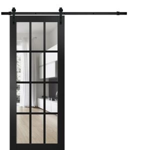 Sturdy Barn Door | Felicia 3355 Matte Black with Clear Glass | 6.6FT Rail Hangers Heavy Hardware Set | Solid Panel Interior Doors